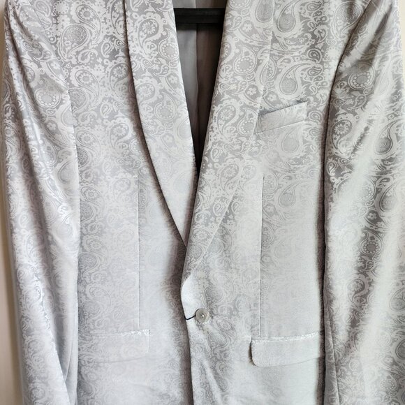 36L Dinner Jacket Silver Gray Shawl Lapel Skinny Fit Long New Jos A Bank Paisley - Picture 10 of 17
